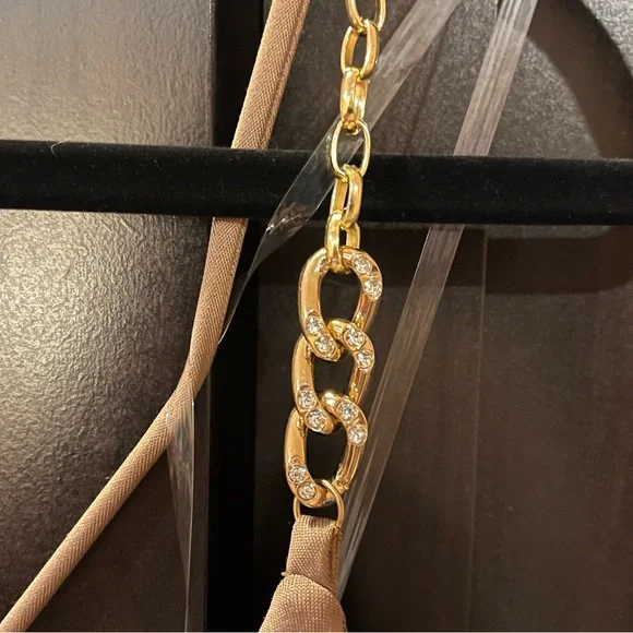 Wide leg jumpsuit/ romper crisscross back,  gold chain w/ rhinestones. Tan. Sz M - Picture 3 of 11